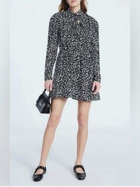 Scoop Women's Black Floral Long-Sleeve Tie-Neck Mini Dress Size M NWT